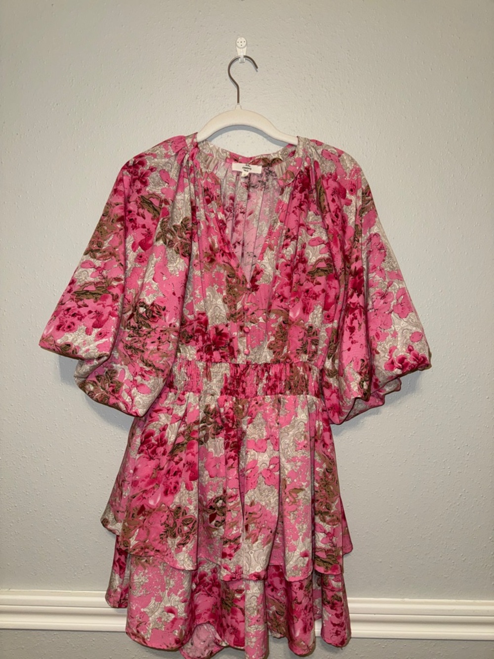entro Pink Floral Tiered Romper with Puff Sleeves